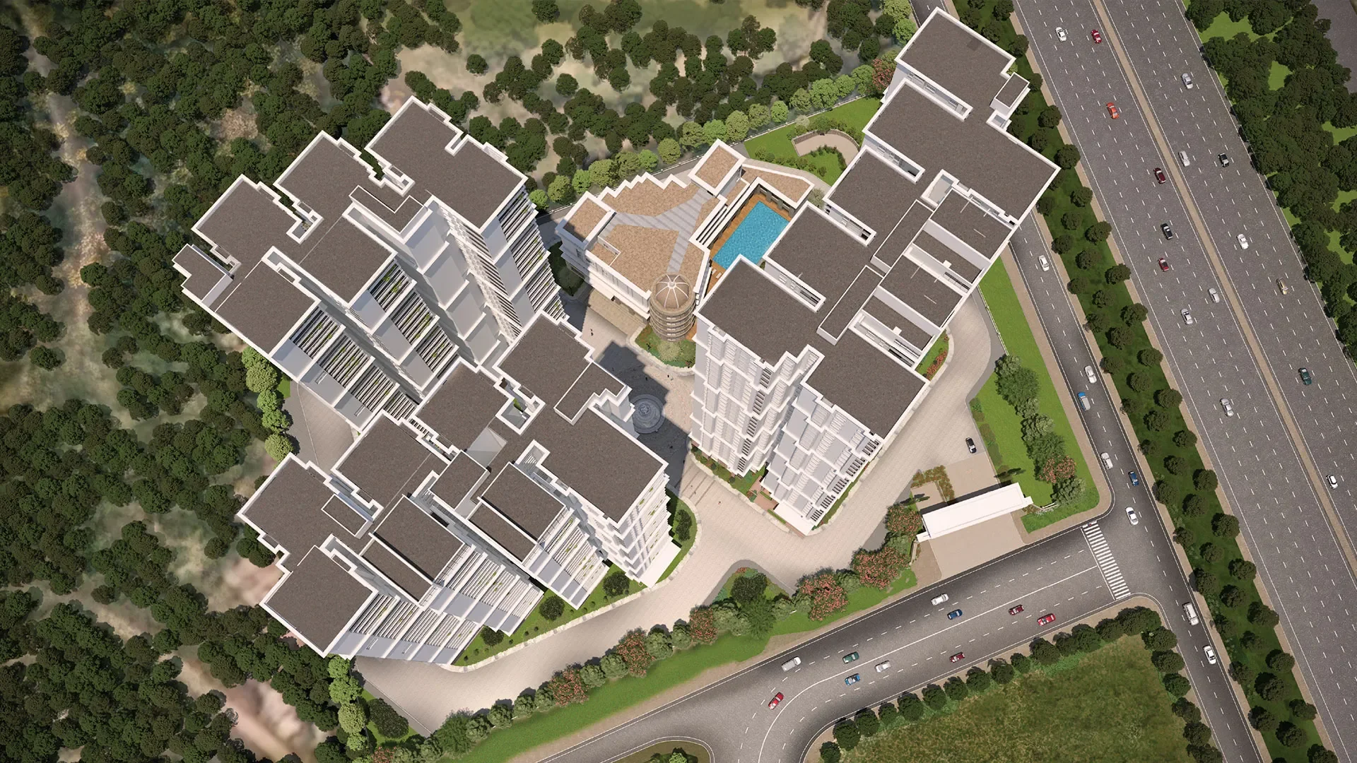 Imposing high-rise residential towers of Prestige Beverly Hills showcasing modern architectural design against the Kokapet skyline.